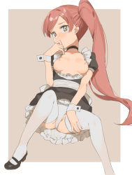 Rule 34 | 1girl, 2l (2lsize), black dress, blush, brown background, brown eyes, choker, closed mouth, dress, grey panties, grey thighhighs, hand up, highres, long hair, looking at viewer, maid, mary janes, nipples, nose blush, original, outside border, panties, pantyshot, shoes, short sleeves, side ponytail, sidelocks, sitting, solo, thighhighs, tsurime, underwear, very long hair, victorian maid, wrist cuffs
