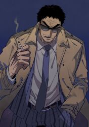 Rule 34 | 1boy, absurdres, black hair, brown coat, cigarette, coat, collared shirt, commentary request, cowboy shot, endou yuuji, facial hair, formal, goatee, grey background, grey jacket, grey necktie, grey pants, hand in pocket, highres, holding, holding cigarette, inudori, jacket, kaiji, long sleeves, male focus, necktie, open clothes, open coat, open jacket, open mouth, pants, pinstripe pattern, pinstripe suit, shirt, short bangs, short hair, simple background, solo, striped clothes, striped pants, suit, sunglasses, teeth, v-shaped eyebrows, vertical-striped clothes, vertical-striped pants, very short hair, white shirt