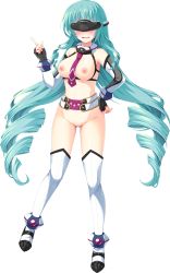 Rule 34 | 1girl, akatoki!, akatoki 2! -tsumugu mahou to koboreru hikari-, aqua hair, black gloves, blush, boots, breasts, covered eyes, drill hair, elbow gloves, fingerless gloves, full body, gloves, gluteal fold, hand on own hip, head-mounted display, highres, index finger raised, kusakami akira, long hair, medium breasts, necktie, nipples, non-web source, nude, official art, open mouth, solo, standing, thigh boots, thighhighs, transparent background, very long hair, white thighhighs