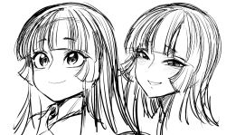 Rule 34 | 1girl, black eyes, blunt bangs, blush, collared shirt, expressions, eyelashes, greyscale, grin, hime cut, houraisan kaguya, japanese clothes, lips, long hair, monochrome, multiple views, shirt, simple background, sketch, smile, spacezin, thick eyebrows, touhou, white background