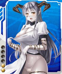 Rule 34 | 00s, 1girl, bare legs, blush, breasts, card (blue-r), card (medium), card (r), chain, cleavage, cleavage cutout, clothing cutout, colored skin, covered erect nipples, dekosen takuji, demon girl, dress, female focus, horns, large breasts, lilith-soft, long hair, nipples, no bra, one breast out, open mouth, panties, pointy ears, rizlight, shiny skin, silver hair, solo, taimanin (series), taimanin asagi, taimanin asagi battle arena all card gallery, taimanin asagi kessen arena, tattoo, thong, underwear, white panties, white skin