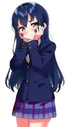 Rule 34 | 1girl, blazer, blue hair, blush, bow, bowtie, closed mouth, commentary request, cowboy shot, hair between eyes, hands on own cheeks, hands on own face, jacket, long hair, long sleeves, looking at viewer, love live!, love live! school idol project, otonokizaka school uniform, red bow, red bowtie, school uniform, simple background, smile, solo, sonoda umi, standing, striped, totoki86, white background, yellow eyes