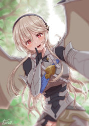 Rule 34 | 1girl, absurdres, artist name, belt, black gloves, black hairband, breasts, corrin (female) (fire emblem), corrin (fire emblem), dragon girl, dragon wings, finger to mouth, fire emblem, fire emblem fates, gloves, grey hair, hairband, highres, index finger raised, long hair, long sleeves, looking at viewer, medium breasts, nintendo, open mouth, outstretched arm, pointy ears, pov, red eyes, smile, solo, taro (peach taro51), wings