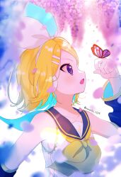 Rule 34 | 1girl, backlighting, bare shoulders, blonde hair, bloom, bow, breasts, bug, butterfly, collarbone, detached sleeves, falling petals, from side, hair bow, hair ornament, hairclip, headphones, headset, highres, insect, kagamine rin, kanato 1227, light blush, looking up, neckerchief, open mouth, pale skin, petals, profile, purple eyes, sailor collar, sailor shirt, shirt, sleeveless, sleeveless shirt, small breasts, solo, treble clef, twitter username, vocaloid, white bow, yellow neckerchief