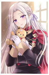 1girl border cape closed_mouth doll edelgard_von_hresvelg fire_emblem fire_emblem:_three_houses garreg_mach_monastery_uniform gloves grey_hair hair_ribbon head_tilt highres holding holding_doll holding_stuffed_toy juliet_sleeves kirishima_riona light_rays light_smile long_hair long_sleeves looking_at_viewer nintendo parted_bangs puffy_sleeves purple_eyes purple_ribbon red_cape ribbon smile solo stuffed_animal stuffed_toy teddy_bear upper_body very_long_hair white_background white_border white_gloves window