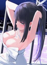 Rule 34 | 1girl, absurdres, armpits, arms up, black hair, blue archive, blue eyes, breasts, collarbone, colored inner hair, dress, grey halo, hair tie in mouth, halo, highres, indoors, large breasts, memekko, mouth hold, multicolored hair, night, night sky, official alternate costume, ribbon, ribbon in mouth, saori (blue archive), saori (dress) (blue archive), sky, solo, tying hair, white dress, white ribbon