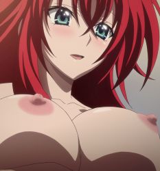 Rule 34 | 10s, 1girl, blue eyes, breasts, female focus, gradient background, high school dxd, highres, large breasts, long hair, nipples, red hair, rias gremory, solo, stitched, third-party edit