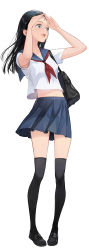 Rule 34 | 1girl, :d, absurdres, arms up, bag, bare arms, black eyes, black footwear, black hair, black thighhighs, blue sailor collar, blue skirt, breasts, crop top, floating hair, forehead, full body, hands on own head, highres, kneehighs, loafers, long hair, looking afar, looking ahead, midriff, miniskirt, navel, neckerchief, no bangs, open mouth, peter pan (adtc7243), photo-referenced, pigeon-toed, pleated skirt, real life, red neckerchief, sailor collar, school bag, school uniform, serafuku, shoes, short sleeves, shoulder bag, simple background, skirt, smile, socks, solo, standing, teeth, thighhighs, upper teeth only, white background, white serafuku, wind, zettai ryouiki
