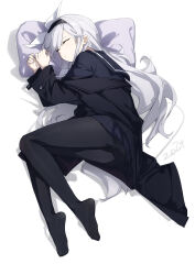 Rule 34 | 1girl, absurdres, black coat, black hairband, black pantyhose, black serafuku, black shirt, black skirt, blue archive, closed eyes, coat, commentary request, full body, grey hair, hairband, highres, hokushuu, long hair, long sleeves, lying, no shoes, on side, pantyhose, pillow, plana (blue archive), school uniform, serafuku, shirt, simple background, skirt, sleeping, solo, white background