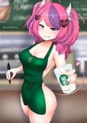 Rule 34 | 1girl, ahoge, apron, ass, bare hips, bare shoulders, barista, bell, blurry, blurry background, bottomless, breasts, clenched teeth, collarbone, covered erect nipples, cumdare, cup, demon girl, demon horns, demon tail, fangs, green apron, hair ornament, heart, heart ahoge, highres, holding, holding cup, holding marker, horns, iced latte with breast milk (meme), ironmouse, jingle bell, marker, medium breasts, medium hair, meme, multicolored hair, nail polish, naked apron, open mouth, perky breasts, pink hair, purple eyes, purple hair, smirk, solo, starbucks, streaked hair, tail, teeth, thighs, topless, two-tone hair, virtual youtuber, vshojo