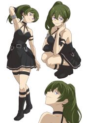 Rule 34 | 1girl, absurdres, arm at side, arm up, armband, armpits, bare shoulders, belt, black belt, black choker, black dress, black footwear, black gloves, black straps, boots, choker, closed mouth, dress, full body, gloves, green hair, hair between eyes, hand on own face, head tilt, high side ponytail, highres, jitome, knee strap, looking at viewer, looking back, multiple views, parted lips, pleated dress, purple eyes, ruffling hair, sanpaku, single glove, somasoutaro, sousou no frieren, squatting, standing, strap, thigh strap, ubel (sousou no frieren), white background