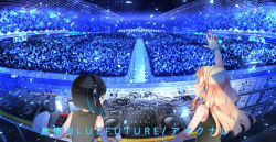 Rule 34 | 2girls, arm up, audience, black hair, black tank top, blood, blue hair, concert, confetti, dj, earphones, headphones, koruri, liverevolt, long hair, mixing console, multicolored hair, multiple girls, official art, outstretched arm, phonograph, seto marine, shizaki chris, stadium, stage, tank top, third-party edit, turntable, two-tone hair, upper body