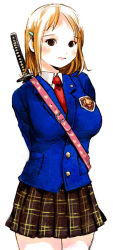 Rule 34 | blonde hair, brown eyes, igarashi mangou, original, school uniform, serafuku, solo, sword, weapon