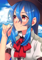 Rule 34 | 1girl, blue hair, blue sky, bow, bowtie, cloud, day, hat, highres, hinanawi tenshi, long hair, multicolored eyes, puffy short sleeves, puffy sleeves, red bow, red eyes, short sleeves, sidelocks, sky, smile, solo, touhou, upper body, yellow eyes, zunsun