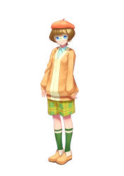 Rule 34 | 1girl, absurdres, beret, blue eyes, brown hair, casual, closed mouth, collared shirt, commentary request, full body, glasses, green shorts, green socks, hat, highres, ichinose minori, jacket, light frown, long sleeves, looking at viewer, orange footwear, orange hat, orange jacket, plaid, plaid shorts, precure, round eyewear, shirt, shoes, short hair, shorts, simple background, single horizontal stripe, socks, solo, standing, tropical-rouge! precure, white background, white shirt, yoko-ya manjirou