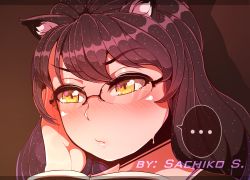 Rule 34 | 10s, 1girl, artist name, blush, brown background, brown hair, brown theme, eyebrows hidden by hair, glasses, hand on own cheek, hand on own face, lips, nose blush, portrait, sachiko shirayuki, solo, tagme, yellow eyes