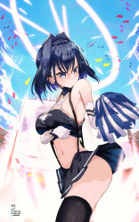 Rule 34 | 1girl, alternate costume, bare shoulders, black hair, black skirt, black thighhighs, blue eyes, blush, breast hold, breasts, cheerleader, confetti, elbow gloves, gloves, hair intakes, halo, highres, holding, holding pom poms, hololive, hololive english, looking at viewer, miniskirt, nin fake, ouro kronii, pleated skirt, pom pom (cheerleading), pom poms, short hair, skirt, solo, suspender skirt, suspenders, thighhighs, virtual youtuber, white gloves