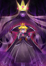 Rule 34 | 2girls, blonde hair, cape, colored skin, crown, disembodied limb, dress, dual persona, earrings, elbow gloves, giant, giantess, gloves, high collar, highres, jewelry, konna-nani, lipstick, long hair, looking at viewer, makeup, multiple girls, paper mario, paper mario: the thousand year door, princess peach, purple cape, purple dress, purple gloves, purple skin, red eyes, shadow queen, smile, sparkle, spoilers, translucent, white lips