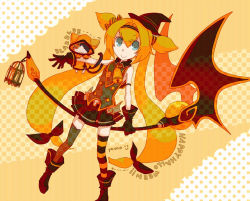 Rule 34 | 1girl, aqua eyes, arc system works, bad id, bad pixiv id, blazblue, blazblue: continuum shift, blonde hair, cat, copyright name, halloween, happy halloween, hat, jubei (blazblue), long hair, low-tied long hair, platinum the trinity, quad tails, two side up, witch hat, yamo, yamo (sky2world), yellow background