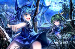 Rule 34 | 2girls, bare tree, blue eyes, blue hair, bow, cirno, daiyousei, fairy wings, green hair, hair bow, moon, multiple girls, night, open mouth, outstretched arm, pointing, satellite dish, short hair, side ponytail, smile, tenhenoboru, touhou, tree, wings