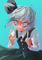 Rule 34 | blouse, blue background, collared shirt, double middle finger, konpaku youmu, middle finger, shaded face, shirt, simple background, solo, tagme, touhou, user ktrm3254, white shirt