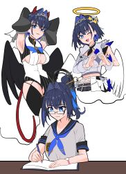 Rule 34 | absurdres, angel, angel wings, bespectacled, black hair, blue eyes, blue hair, blush, bow, breasts, demon horns, emblem, glasses, hair intakes, hair ornament, hand over heart, heart, heart hands, highres, hololive, hololive english, horns, idol clothes, koizumi arata, large breasts, multicolored hair, multiple girls, open mouth, ouro kronii, school uniform, shirt, short hair, thighhighs, virtual youtuber, white background, wings
