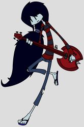 Rule 34 | 1girl, :|, adventure time, axe, bass guitar, bite mark, blue hair, blue skin, cartoon network, closed mouth, colored skin, fangs, grey background, grim-evilnov, guitar, highres, instrument, long hair, marceline abadeer, ponytail, ripped jeans, sandals, shirt, signature, simple background, solo, striped clothes, striped shirt, torn clothes, vampire, weapon