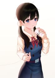 Rule 34 | 1girl, apron, black hair, blue apron, blue dress, blue eyes, blush, brown hair, buttons, closed mouth, commentary request, cowboy shot, cup, dress, expressionless, floral print, hair bobbles, hair ornament, hand up, highres, holding, holding cup, kitashirakawa tamako, long hair, long sleeves, looking at viewer, low twintails, meowster, pinafore dress, rabbit pin, red neckwear, red ribbon, ribbon, shirt, simple background, skirt, sleeveless, sleeveless dress, solo, string, tamako love story, tamako market, twintails, watermark, web address, white background, white shirt