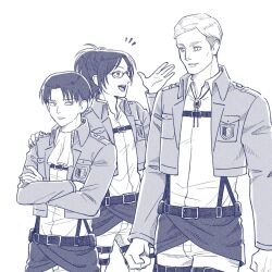 Rule 34 | 1other, 2boys, commentary request, cropped jacket, crossed arms, erwin smith, glasses, greyscale, hange zoe, height difference, highres, jacket, levi (shingeki no kyojin), monochrome, multiple boys, open mouth, ponytail, shingeki no kyojin, smile, survey corps (emblem), suspenders, yonchi