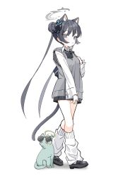 Rule 34 | 1girl, animal ear fluff, animal ears, bag, black bow, black bowtie, black footwear, black hair, blue archive, blush stickers, bow, bowtie, cat, cat ears, cat girl, cat tail, collared shirt, dot nose, eyewear on head, full body, grey eyes, grey sweater vest, hair bun, halo, hand up, highres, kisaki (blue archive), light blush, loafers, long hair, long sleeves, looking at viewer, loose socks, parted lips, sentouryoku 5, shirt, shoes, simple background, socks, solo, standing, sunglasses, sweater vest, tachi-e, tail, white background, white shirt, white socks