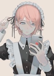 Rule 34 | 1girl, adjusting clothes, adjusting headwear, black ribbon, blue eyes, cellphone, closed mouth, eyelashes, eyes visible through hair, facing viewer, fingernails, frills, grey background, highres, holding, holding phone, kirudai, lips, looking at phone, maid, maid headdress, medium hair, original, phone, pink hair, purple background, ribbon, selfie, signature, simple background, smartphone, solo, sticker, upper body