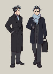 Rule 34 | 1boy, bag, batabiru, black bag, black coat, black eyes, black footwear, black gloves, black hair, buttons, closed mouth, coat, collared shirt, commentary request, creatures (company), game freak, gloves, hand in pocket, highres, holding, larry (pokemon), long sleeves, looking down, male focus, multiple views, necktie, nintendo, open clothes, open coat, pants, pokemon, pokemon sv, scarf, shirt, shoes, short hair, standing