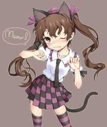 Rule 34 | 1girl, animal ears, blush, brown eyes, brown hair, cat ears, cat tail, checkered clothes, checkered skirt, fake animal ears, fang, female focus, hat, himekaidou hatate, long image, nametake, necktie, pointy ears, ribbon, short sleeves, simple background, skirt, solo, tail, tall image, thighhighs, tokin hat, touhou, twintails