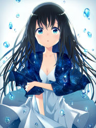 Rule 34 | 1girl, bad hands, black hair, blue eyes, blush, breasts, bubble, cleavage, collarbone, commentary, dress, eyebrows, hair between eyes, holding, holding clothes, long hair, looking up, natsume3304, original, parted lips, shawl, solo, starry sky print, tears, underwater, white background, white dress