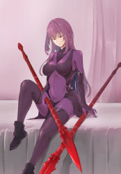 Rule 34 | 1girl, armored boots, bed, bodysuit, boots, breasts, covered navel, curtains, expressionless, fate/grand order, fate (series), gae bolg (fate), hair intakes, highres, holding, holding weapon, impossible bodysuit, impossible clothes, indoors, large breasts, leg up, leotard, long hair, looking down, polearm, purple bodysuit, purple hair, purple leotard, red eyes, scathach (fate), scathach (fate), sitting, solo, spear, weapon, yuuge ningen