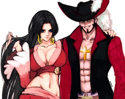 Rule 34 | 1boy, 1girl, abs, absurdres, beard, black hair, blue eyes, boa hancock, breasts, cleavage, closed mouth, cross, cross necklace, dracule mihawk, earrings, facial hair, hand on another&#039;s shoulder, hat, hat feather, highres, jewelry, large breasts, long hair, long sleeves, looking at viewer, mustache, natayape, navel, necklace, one piece, open clothes, short hair, sideburns, smile, snake earrings, very long hair, yellow eyes