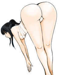 Rule 34 | 1girl, ass, bandages, bare shoulders, bent over, black hair, brown eyes, from behind, hip focus, huge ass, kazaana, long hair, original, panties, sarashi, simple background, solo, thong, touching toes, underwear, white background, wide hips