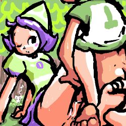 Rule 34 | 1boy, 1girl, after vaginal, aftersex, aliasing, animal crossing, arm support, barefoot, blush, blush stickers, character request, cleft of venus, clothed sex, dog, flat chest, forest, hat, head out of frame, hetero, lowres, minuspal, musical note, nature, nintendo, no panties, one eye closed, outdoors, penis, puffy short sleeves, puffy sleeves, pussy, sex, short sleeves, skirt, skirt around belly, sweat, uncensored, wink