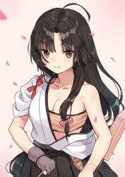 Rule 34 | 1girl, ahoge, bandeau, black hair, black hakama, black skirt, breasts, brown eyes, cleavage, commentary request, commission, gloves, grey gloves, hadanugi dousa, hakama, hakama short skirt, hakama skirt, japanese clothes, kantai collection, kimono, long hair, low-tied long hair, medium breasts, mitsuyo (mituyo324), open clothes, open kimono, partially fingerless gloves, partly fingerless gloves, pink background, shouhou (kancolle), single glove, skirt, solo, tasuki, thighhighs, yugake