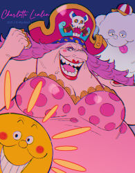 Rule 34 | 1girl, 2021, big mom, blush stickers, breasts, charlotte linlin, cleavage, clenched hand, dated, devil fruit, dress, fat, fiery hair, grin, hat, highres, holding, jewelry, looking at viewer, napoleon (one piece), old, old woman, one piece, pirate hat, prometheus (one piece), ring, saliva, shiny clothes, simple background, smile, twitter username, youkan (tako), zeus (one piece)