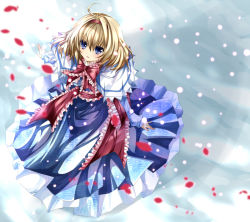 Rule 34 | 1girl, ahoge, alice margatroid, bad id, bad pixiv id, blonde hair, blue eyes, capelet, cherry blossoms, dress, female focus, hairband, nanase nao, short hair, snow, solo, touhou