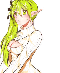 Rule 34 | blonde hair, breasts, cleavage, deng (vlvlthfk), elf, elsword, highres, meme attire, open-chest sweater, pointy ears, rena erindel, ribbed sweater, smile, sweater