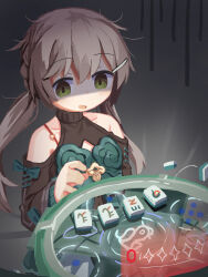 Rule 34 | 1girl, bad id, bad twitter id, bare shoulders, black shirt, black sleeves, blush, brown hair, clothing cutout, collarbone, dress, gameplay mechanics, gloom (expression), green dress, green eyes, hair between eyes, hair ornament, hairclip, hand up, hassai, highres, honkai: star rail, honkai (series), layered clothes, looking at object, low twintails, mahjong, mahjong table, mahjong tile, qingque (honkai: star rail), shaded face, shirt, shoulder cutout, sidelocks, solo, table, turtleneck, twintails, unkempt, upper body
