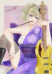 Rule 34 | 1girl, black footwear, blonde hair, blue eyes, boots, breasts, character name, cleavage, facial scar, gintama, grey thighhighs, hair between eyes, highres, holding, holding instrument, instrument, japanese clothes, kimono, knee boots, kotoha (user anzh3572), long hair, long sleeves, looking at viewer, medium breasts, open mouth, print kimono, purple kimono, sarashi, scar, scar on cheek, scar on face, signature, sitting, solo, thighhighs, tsukuyo (gintama)