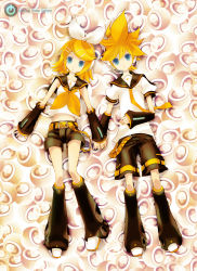 Rule 34 | 1boy, 1girl, anoringo, bad id, bad pixiv id, belt, blonde hair, blue eyes, bow, bowtie, brother and sister, detached sleeves, english text, engrish text, hair ornament, holding hands, headphones, hetero, highres, kagamine len, kagamine rin, legs, lying, microphone, music, ranguage, ribbon, sailor collar, siblings, twins, vocaloid
