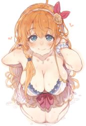 Rule 34 | 1girl, 7010, bead bracelet, beads, bikini, blue eyes, blush, bracelet, braid, breasts, closed mouth, commentary request, from above, hairband, heart, heart-shaped pupils, jewelry, large breasts, long hair, looking at viewer, orange hair, pecorine (princess connect!), pecorine (summer) (princess connect!), princess connect!, simple background, single braid, sitting, smile, solo, split mouth, swimsuit, symbol-shaped pupils, wariza, wet, white background, white bikini, white hairband