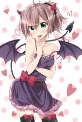 Rule 34 | 1girl, absurdres, ahoge, alternate costume, aoba (kancolle), bare shoulders, black thighhighs, collarbone, cosplay, demon girl, demon horns, demon tail, demon wings, dress, green eyes, hair between eyes, hair ornament, hair scrunchie, heart, heart background, highres, horns, kantai collection, looking at viewer, messy hair, name connection, new game!, pentagon (railgun ky1206), pink ribbon, ponytail, purple hair, ribbon, scrunchie, sleeveless, sleeveless dress, solo, suzukaze aoba, suzukaze aoba (cosplay), tail, thighhighs, tongue, tongue out, translation request, wings