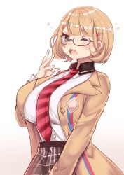 Rule 34 | 10s, 1girl, breasts, brown eyes, brown hair, glasses, gradient background, hair ornament, hairclip, large breasts, narusawa ryouka, necktie, occultic;nine, one eye closed, osiimi, pink background, plaid, plaid skirt, school uniform, shirt tucked in, short hair, simple background, skirt, solo, white background, yawning