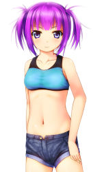 Rule 34 | 1girl, bad id, bad pixiv id, bare arms, bare shoulders, blue eyes, blush, collarbone, cowboy shot, crop top, looking at viewer, midriff, navel, noshimasa, original, purple hair, shirt, short hair, short shorts, shorts, simple background, sleeveless, solo, taut clothes, taut shirt, twintails, unbuttoned, white background
