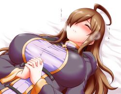 Rule 34 | 10s, 1girl, ahoge, blush, breasts, brooch, brown hair, closed eyes, hair over one eye, heavy breathing, interlocked fingers, jewelry, kanno takanori, kono subarashii sekai ni shukufuku wo!, large breasts, long hair, lying, on back, own hands clasped, own hands together, parted lips, solo, sweat, taut clothes, wiz (konosuba)